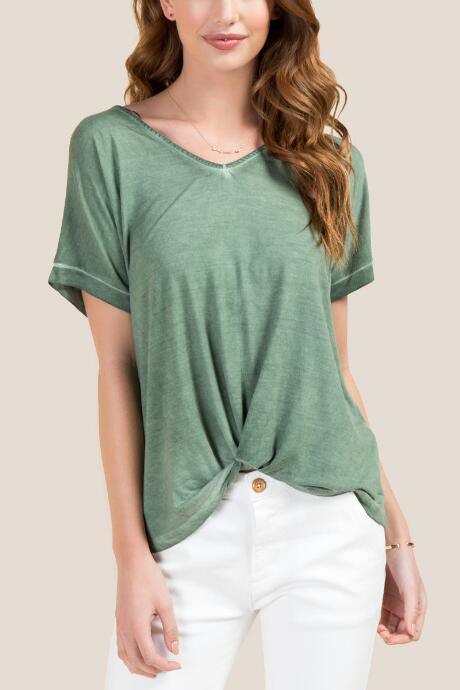 Francesca's Kendall Knot Front Oil Wash Top - Dark Olive