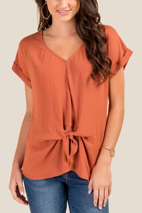 Francesca's Audrey Tie Front Short Sleeve Top - Cinnamon