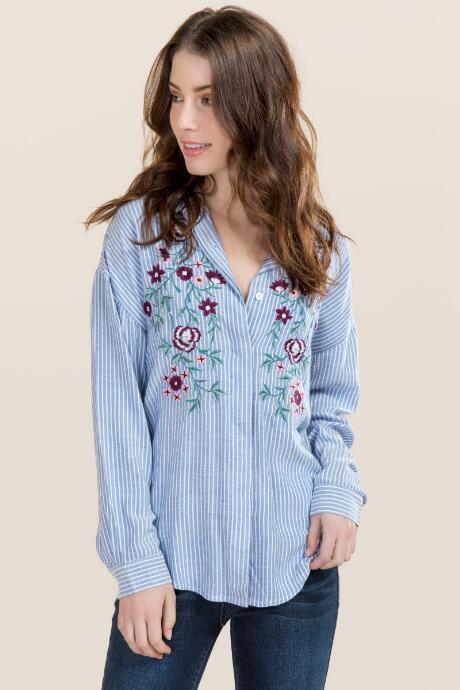 Mi Ami Ashton Striped Floral Button Down - Oxford Blue