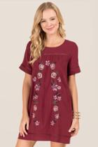 Francesca Inchess Karoline Floral Embroidered Shift Dress - Burgundy