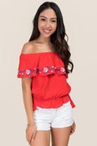Blue Rain Genny Embroidered Off The Shoulder Top - Red