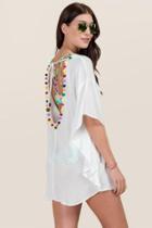 Francesca's Leilani Pom Trim Scoop Back Lattice Neck Cover-up - White