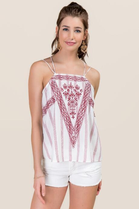 Blue Rain Karissa Striped Embroidered High Neck Tank - Wine