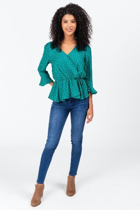 Francesca's Hanley Polka Dot Peplum Blouse - Forest