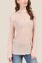 Francesca's Clarice Choker Lattice Sweater - Blush