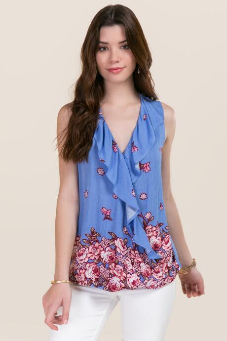 Blue Rain Sylvie Floral Ruffle Surplus Top - Chambray