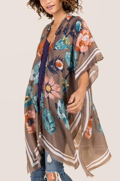 Francesca's Evita Floral Ruana - Tan
