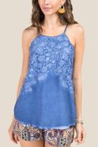 Francesca's Allie High Neck Ombre Embroidery Top - Navy