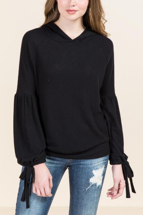 Francesca's Daniela Poet Sleeve Hooded Top - Black