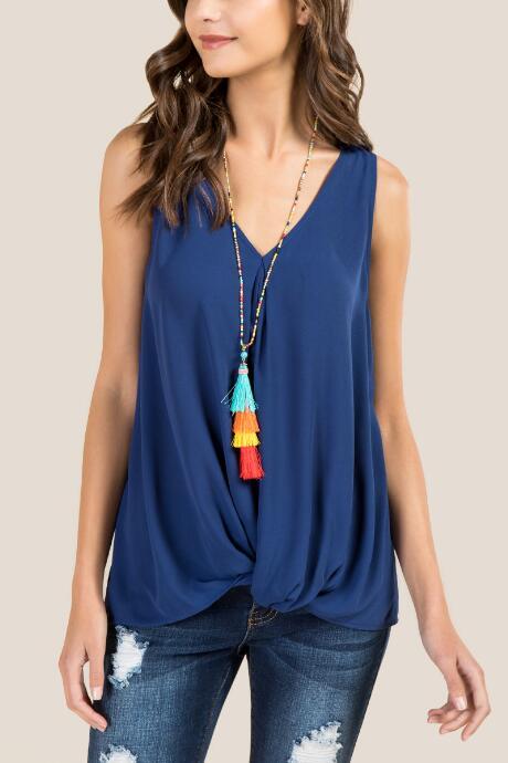 Francesca's Gloria V Neck Twist Front Top - Navy