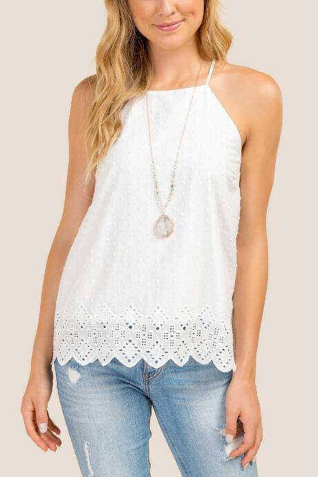 Francesca Inchess Kelly Eyelet Swiss Dot Halter Neck Top - Ivory