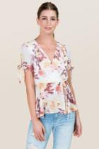 Basil And Lola Mina Bow Sleeve Floral Wrap Top - Ivory