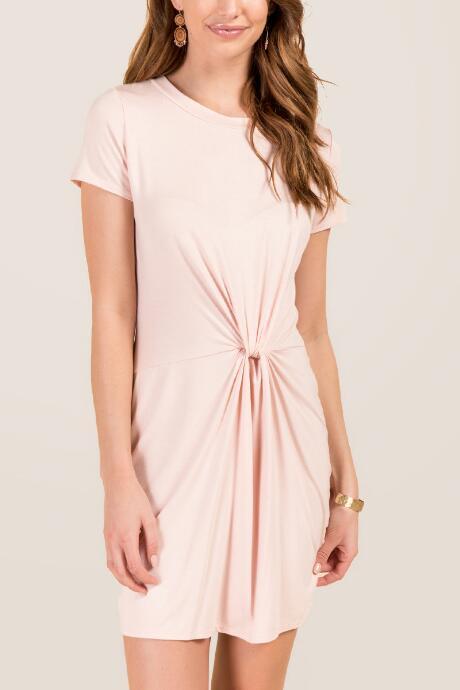 Francesca's Sky Ruched Knot Front Knit Dress - Blush