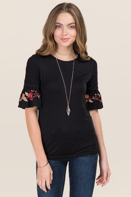 Jainsons International, Inc. Renee Smocked Sleeve Floral Embroidery Tee - Black