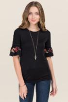 Jainsons International, Inc. Renee Smocked Sleeve Floral Embroidery Tee - Black