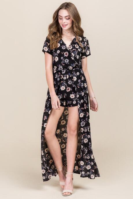 Francesca's Evelyn Floral Maxi Romper - Black