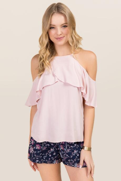Blue Rain Demie Ruffle High Neck Cold Shoulder Top - Pink