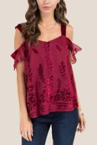Francesca's Kira Cold Shoulder Burnout Velvet Blouse - Burgundy