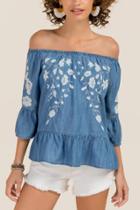 Blue Rain Dee Floral Embroidered Off The Shoulder Top - Medium Wash