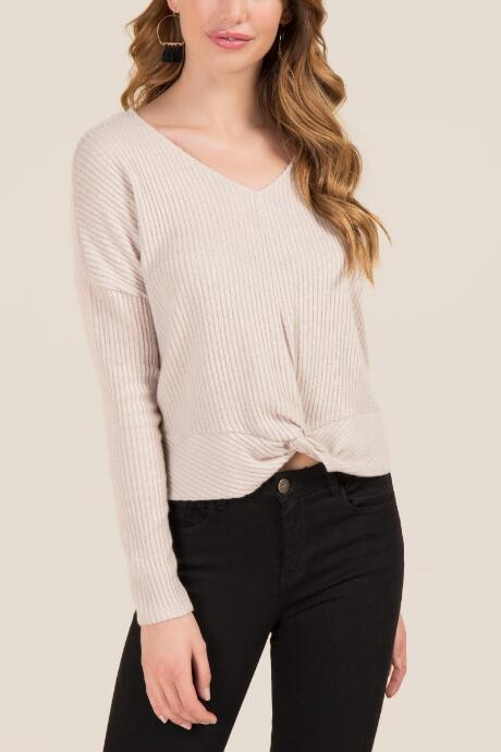 Francesca's Sam Ribbed Front Twist Hacci Top - Heather Oat