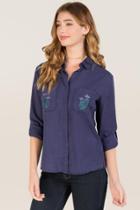 Francesca's Ophira Embroidered Cactus Button Down - Navy