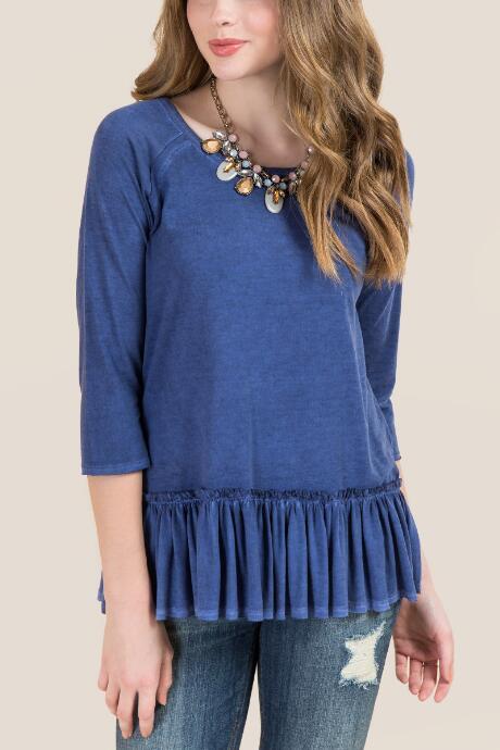 Francesca's Elsa Double Ruffle Mineral Wash Tee - Navy