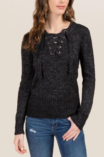Francesca's Paige Lace Up Marled Pullover Sweater - Black