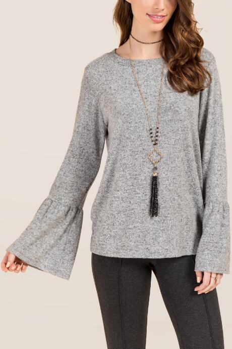 Francesca's Kailyn Cozy Bell Sleeve Top - Heather Gray