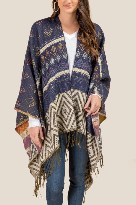 Francesca's Erica Diamond Print Fringe Ruana - Navy