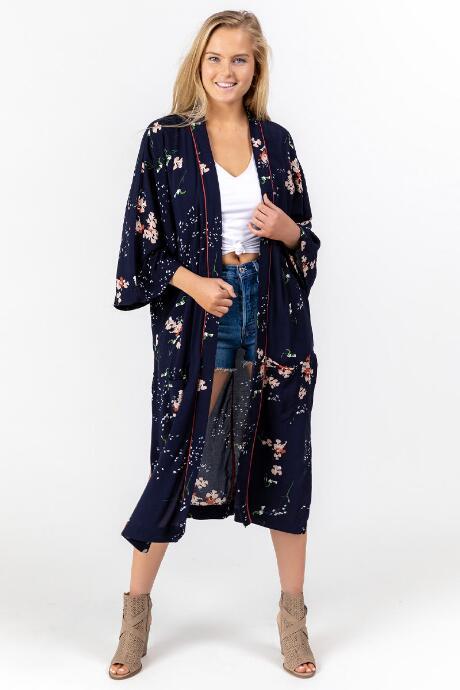 Francesca's Lorelai Long Floral Kimono - Navy