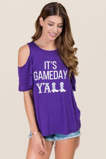 Sweet Claire Inc. It's Gameday Yall Double Ruffle Graphic Tee - Purple