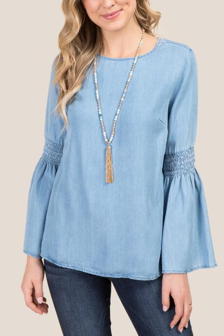 Francesca's Dede Long Sleeve Smocked Bell Sleeve Top - Blue