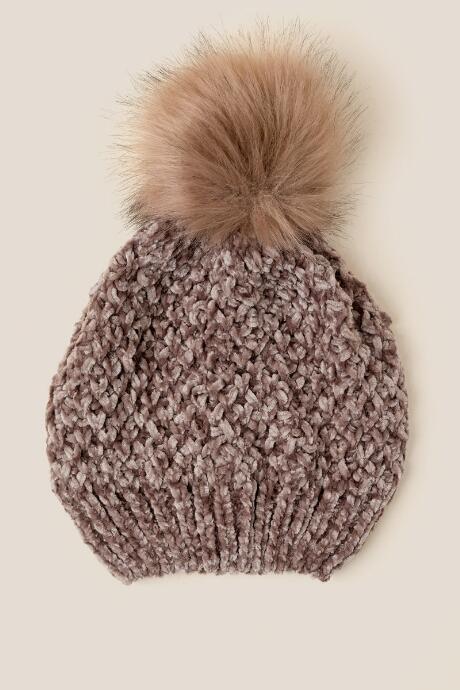 Francesca Inchess Jenara Chenille Fur Pom Beanie - Taupe