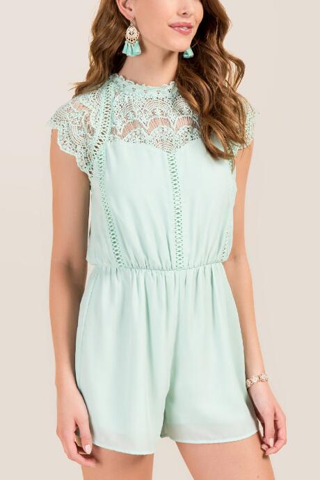 Francesca's Olivia Hi-neck Crochet Romper - Mint