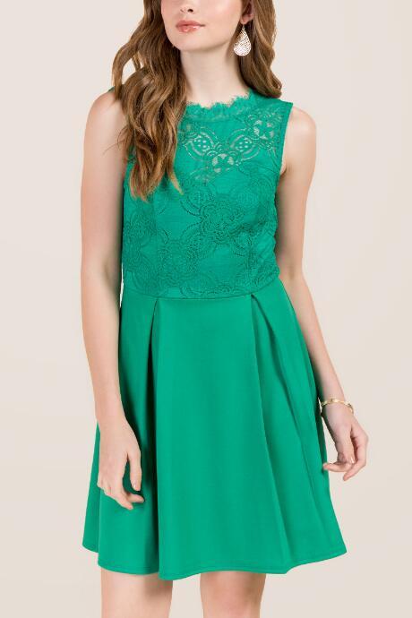 Francesca's Allegra Pleated Illusion Neck Combo A-line Dress - Jade