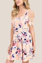 Francesca's Selah Lace Sleeve Floral A-line Dress - Blush