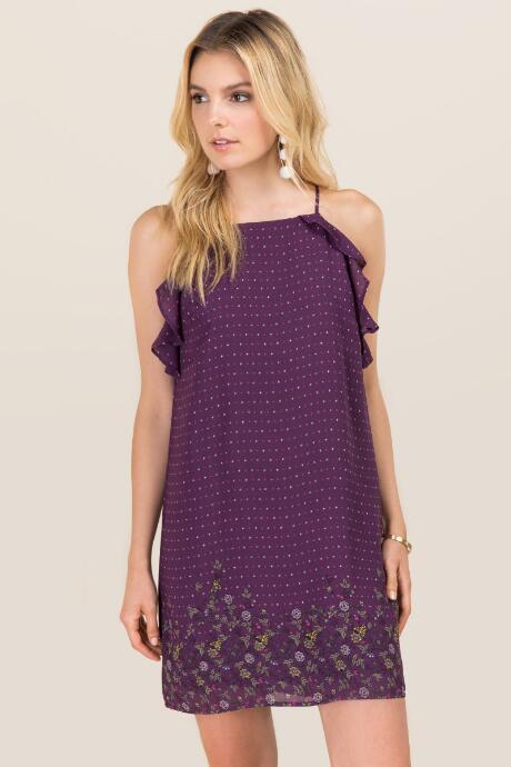 Blue Rain Robin Ruffle Border Print Shift Dress - Vintage Purple