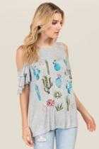 Blue Rain Dirinda Ruffle Cactus Graphic Knit Tee - Heather Gray