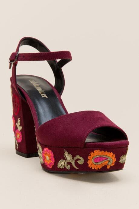 Olivia Miller Sadie Floral Embroidered Chunky Block Heel - Wine