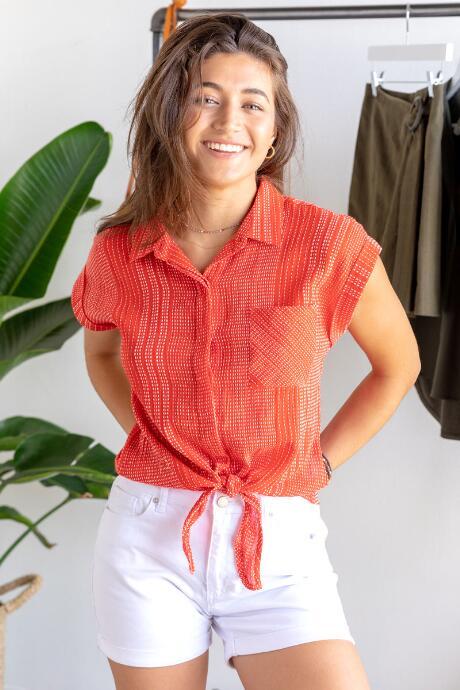 Francesca's Lisa Tie Front Button Down Top - Red