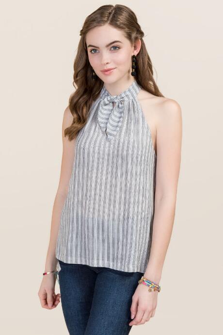 Alya Clarabelle Halter Bow Neck Striped Tank - Black/white