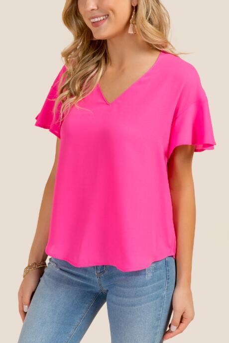 Francesca's Kris Flutter Sleeve Basic Top - Fuchsia