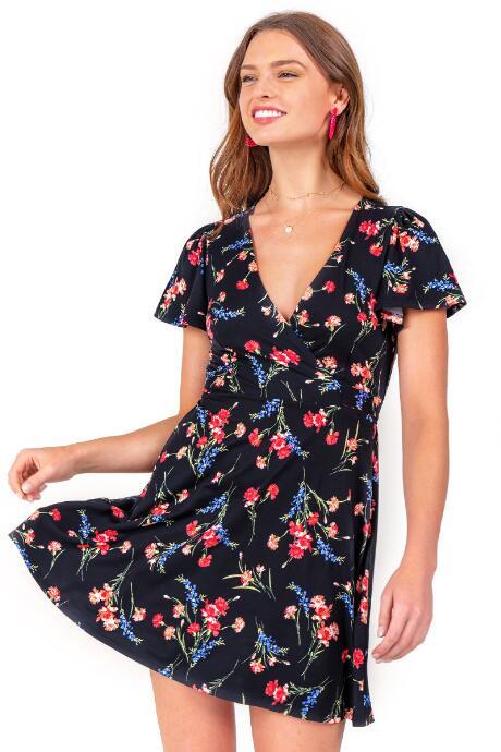 Francesca's Genine Floral Wrap Dress - Black