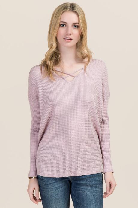 Ayla Sheryl Long Sleeve X Neck Waffle Top - Mauve