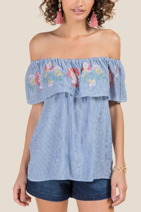 Francesca's Pernella Embroidered Off Shoulder Top - Navy