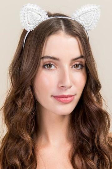 Francesca's Gwendolyn Lace Cat Ear Headband - White