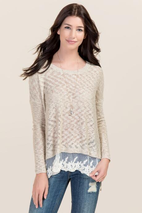 Francesca's Lauren Lace Up Pullover - Taupe