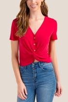 Francesca's Teri Button Front Twist Tee - Bright Red
