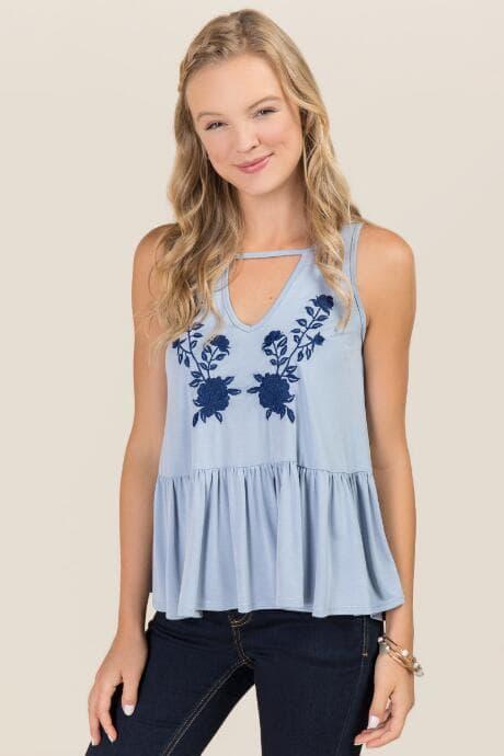 Ayla Asia Embroidered Gigi Drop Waist Cupro Tank - Oxford Blue