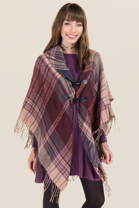 Francesca's Gwen Plaid Toggle Ruana - Burgundy